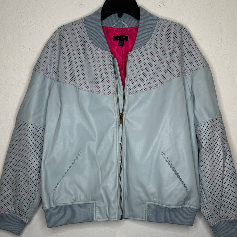 Topshop Light Blue Perforated Bomber Jacket with Pink Interior Size 12